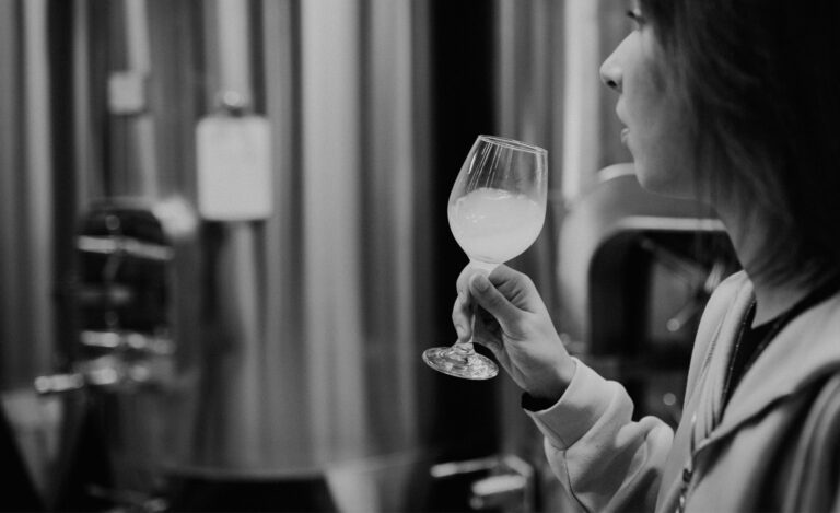 Élaboration de la cuvée blanc sec 2024 en Côtes de Gascogne dans le chai par la vigneronne Julie.